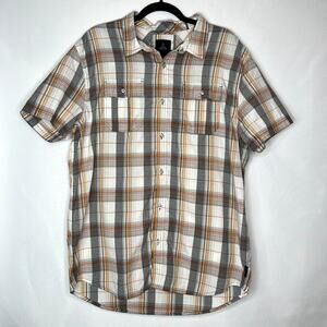 PrAna Mens XL Shirt Button Up Short Sleeves Plaid Flap Pockets